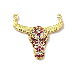 Fuchsia Rack Plating Brass Micro Pave Cubic Zirconia Connector Charms, Cadmium Free & Lead Free, Long-Lasting Plated, Cattle Head Links, Golden, Fuchsia, 25.5x27.5x5mm, Hole: 1mm