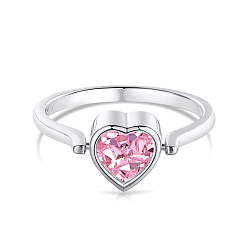 Real Platinum Plated Pink Cubic Zirconia Heart Rotating Finger Ring, Anxiety Stress Relief Rhodium Plated 925 Sterling Silver Birthstone Ring with S925 Stamp, Real Platinum Plated, 1.9mm, US Size 7(17.3mm)