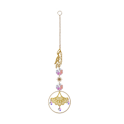 Leaf Glass Pendant Decorations, Suncatchers, with Alloy Findings, Leaf Pattern, 265mm