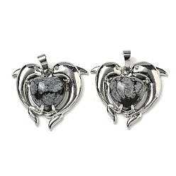 Снежный Обсидиан Подвески в форме сердца из натурального обсидиана, латунные подвески в виде дельфинов, платина, без кадмия и без свинца, 29x32.5x8.5 мм, отверстие : 8x5 мм