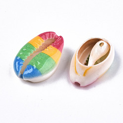 Разноцветный Набивные бусины из натуральных ракушек каури, нет отверстий / незавершенного, с рисунком из радужных полос, красочный, 18~22x13~14x6~8 мм