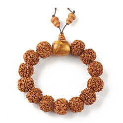 Sienna Mala Beads Bracelet, Round Natural Rudraksha Beaded Stretch Bracelet for Women, with Plastic Beads, Sienna, Inner Diameter: 2-5/8 inch(6.6~6.8cm)