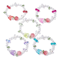 Mixed Color Butterfly & Flower Transparent Glass Stretch Bracelet, with Acrylic Charm, Mixed Color, 2-1/4 inch(5.7cm)
