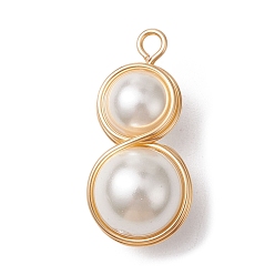 Golden Shell Pearl Copper Wire Wrapped Pendants, Round Charms, Golden, 24x12x10mm, Hole: 1.8mm