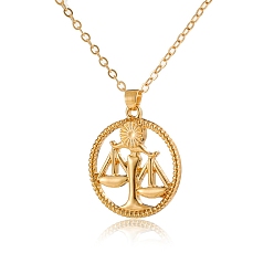 Libra Alloy Flat Round with Constellation Pendant Necklaces, Cable Chain Necklace for Women, Libra, Pendant: 2.2cm