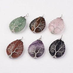 Mixed Stone Natural & Synthetic Mixed Stone Big Pendants, teardrop, Brass Wire Wrapped Pendants, Platinum, 50~55x31x11mm, Hole: 5mm