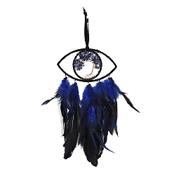 Синий Железная тканая паутина/сетка с подвесками из перьев, обтянутые кожей, глаз с лазуритовой крошкой Древо жизни, синие, 350x190 мм