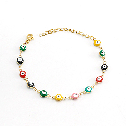 Colorful Real 18K Gold Plated Stainless Steel Enamel Evil Eye Link Chain Bracelet, Colorful, 6-3/4 inch(17cm)