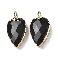 Obsidian Natural Obsidian Pendants, with Golden Plated Brass Edge Loops, Faceted, Heart Charms, 23~23.5x12~12.5x5.5mm, Hole: 3mm