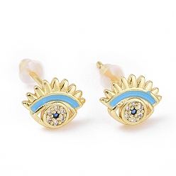 Light Sky Blue Cubic Zirconia Evil Eye Stud Earrings with Enamel, Gold Plated Brass Jewelry for Women, Cadmium Free & Lead Free, Light Sky Blue, 7.5x10mm, Pin: 0.8mm