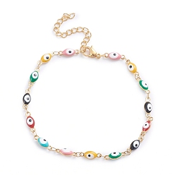 Golden 304 Stainless Steel Link Bracelets, with Enamel and Lobster Claw Clasps, Evil Eye, Colorful, Golden, 8 inch(20.3cm)