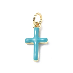 Dark Turquoise Real 18K Gold Plated Eco-Friendly Rack Plating Brass Enamel Pendants, Long-Lasting Plated, with Jump Rings, Lead Free & Cadmium Free, Cross Charm, Dark Turquoise, 15x8x3mm, Hole: 3.4mm