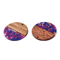 Dark Orchid Transparent Resin & Walnut Wood Pendants, with Gold Foil, Flat Round Charms, Dark Orchid, 38.5x3mm, Hole: 2mm