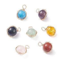 Mixed Stone Natural & Synthetic Gemstone Charms, with Light Gold Tone Brass Wire Wrapped, Round, 14.5~15.5x9.5~10.5x8~8.5mm, Hole: 3mm