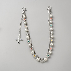 Платина Цепочка из двухслойного сплава с подвесками в виде крестика, украшенная акриловыми цветными стразами и круглыми пластиковыми жемчужинами, красочный, платина, 470 мм