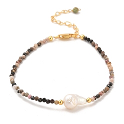 Rhodonite Natural Rhodonite and Natural Turquoise Bead Bracelets, with Sterling Silver Beads and Pearl Beads, Real 18K Gold Plated, 16.8~17cm