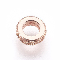 Rose Gold Brass Micro Pave Cubic Zirconia Beads, Lead Free & Cadmium Free, Flat Round, Clear, Rose Gold, 6x2mm, Hole: 3mm