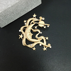 Matte Gold Color Crystal Rhinestone Moon & Star Lapel Pin, Alloy Badge for Backpack Clothes, Matte Gold Color, 56x46mm