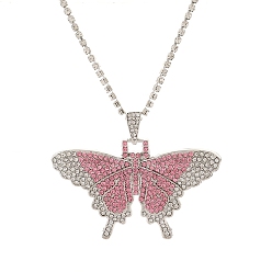 Light Rose Butterfly Rhinestone Pendant Necklaces, with Platinum Alloy Chains, Light Rose, 18.31 inch(46.5cm)
