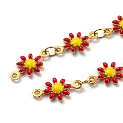 Red Ion Plating(IP) Golden 304 Stainless Steel Flower Link Chain, with Enamel, with Spool, Unwelded, Red, 12.5~13x7~8x2mm, 5m/roll