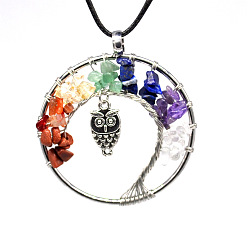 Mixed Stone Natural & Synthetic Mixed Gemstone Chips Tree of Life Pendant Necklaces, Brass Owl Necklace with Wax Ropes, 19.69 inch(50cm)