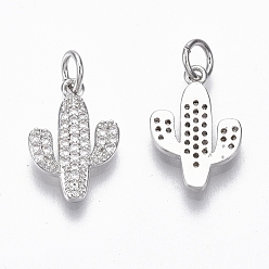 Real Platinum Plated Brass Micro Pave Cubic Zirconia Pendants, with Jump Ring, Nickel Free, Cactus, Clear, Real Platinum Plated, 16x11x2mm, Hole: 3mm