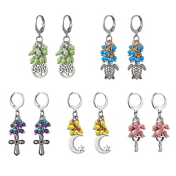 Mixed Shapes Tibetan Style Alloy Dangle Leverback Earrings, Glass Seed Cluster Earrings, Mixed Shapes, 39~45mm