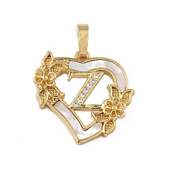 Letter Z Латунь микропаве фианиты с подвесками-ракушками, Сердце и письмо, долговечный, без свинца и без кадмия, стойки покрытие, Письмо Z, 20x20.5x3 мм, отверстие : 3.5x5 мм
