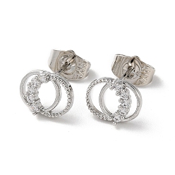 Platinum Brass Rhinestone Stud Earrings, Double Rings, Platinum, 8x10mm