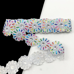 White Polyester Lace Trim, with Colorful Paillettes, Flower, Garment Accessories, White, 2-3/8 inch(60mm), about 4.5 yards/pc