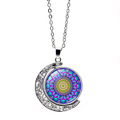 Mauve Glass Moon with Mandala Flower Pendant Necklace, Stainless Steel Jewelry for Women, Mauve, 17.72 inch(45cm)