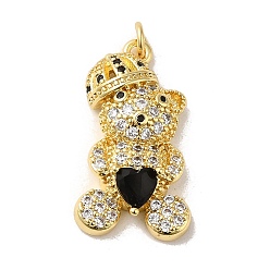 Black Rack Plating Brass Micro Pave Cubic Zirconia Pendants, Cadmium Free & Lead Free, Long-Lasting Plated, Real 18K Gold Plated, Bear, Black, 25.5x14x6mm, Hole: 2.8mm