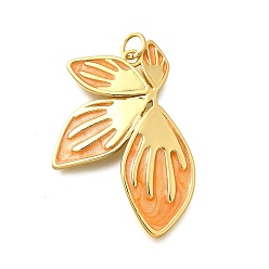 Оранжевый Латунь эмаль подвески, с целью перехода в кольце, без свинца и без кадмия, реальный 18 k позолоченный, цветочный шарм, оранжевые, 33.5x24.5x2 мм, отверстие : 3.3 мм