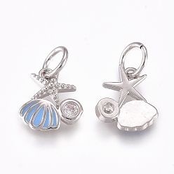 Platinum Brass Charms, with Micro Pave Cubic Zirconia, Enamel and Jump Rings, Starfish with Scallop, Clear & Sky Blue, Platinum, 10x8x2mm, Hole: 3.2mm