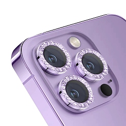 Lilac Glass & Aluminium Alloy Rhinestone Mobile Phone Lens Film, Lens Protection Accessories, Compatible with 13/14/15 Pro & Pro Max Camera Lens Protector, Lilac, Packaging: 90x55x8mm, 2pcs/set