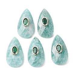 Амазонит Природные подвески амазонит, подвески в виде ограненных каплевидных камней с латунной микрофиброй из кубических цирконий, золотые, 25.5x13~13.5x6 мм, отверстие : 1 мм