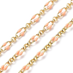 Pink Enamel Oval Link Chains, with Real 18K Gold Plated Brass Findings, Soldered, with Spool, Pink, 4x7x1mm