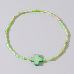 Желто-Зеленый Браслеты-цепочки из ракушек, стеклянных и латунных бусин в пляжном стиле для женщин, желто-зеленый, 6-1/2 дюйм (16.5 см)