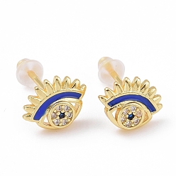 Medium Blue Cubic Zirconia Evil Eye Stud Earrings with Enamel, Gold Plated Brass Jewelry for Women, Cadmium Free & Lead Free, Medium Blue, 7.5x10mm, Pin: 0.8mm