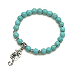 Seahorse Turquoise Beaded Bracelet Set with Cross Pendant - Vintage Natural Stone Jewelry