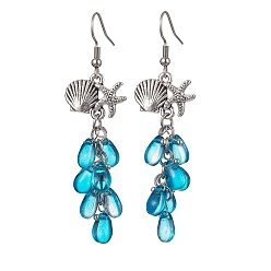 Teal Shell with Starfish Shape Alloy Dangle Earrings, Glass Cluster Earrings, Teal, 65x18mm