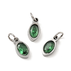 Green 304 Stainless Steel Pendants, with Cubic Zirconia and Jump Rings, Single Stone Charms, Oval, Stainless Steel Color, Green, 10x5x3mm, Hole: 3.4mm
