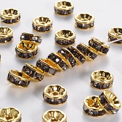 Black Diamond Brass Grade A Rhinestone Spacer Beads, Golden Plated, Rondelle, Nickel Free, Black Diamond, 6x3mm, Hole: 1mm