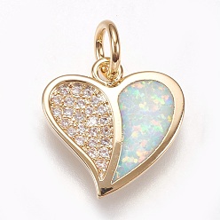 Champagne Yellow Brass Micro Pave Cubic Zirconia Charms, with Synthetic Opal, Heart, Golden, Champagne Yellow, 14.5x15x2.5mm, Hole: 4mm