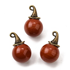 Красный Камень Круглые подвески из натуральной красной яшмы с ведьминой шляпой из сплава, античная бронза, 27~27.5x16~16.5 мм, отверстие : 1.5x2 мм