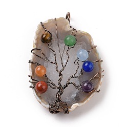 Coffee Natural Agate Big Pendants, with Rack Plating Brass Wires, Chakra Gemstone Beads, Cadmium Free & Lead Free, Dyed & Heated, Nuggets with Tree, Red Copper, Coffee, 58~62x37~47x13~14mm, Hole: 4~6mm