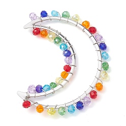 Platinum Colorful Glass Beaded Big Pendants, with Brass Finding, Crescent Moon Charms, Platinum, 57x43x4mm