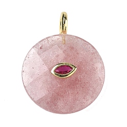 Strawberry Quartz Natural Strawberry Quartz Faceted Pendants, Flat Round Charms, with Rack Plating Golden Tone Brass Micro Pave Cubic Zirconia Findings, Horse Eye, 32.5~33x25~25.5x7~7.5mm, Hole: 4mm