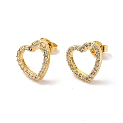 Real 18K Gold Plated Cubic Zirconia Hollow Out Heart Stud Earrings, Rack Plating Brass Jewelry for Women, Cadmium Free & Lead Free, Real 18K Gold Plated, 10.5x11mm, Pin: 0.7mm