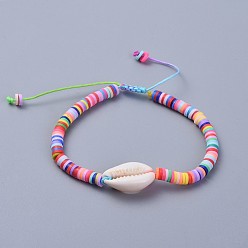 Mixed Color Eco-Friendly Handmade Polymer Clay Heishi Beads Braided Bracelets, with Cowrie Shell Beads and Nylon Cord, Colorful, 2 inch~3-1/8 inch(5~8cm)